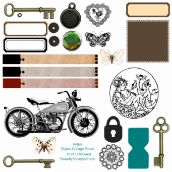 Collage sheet hearts labels motorcycle keys